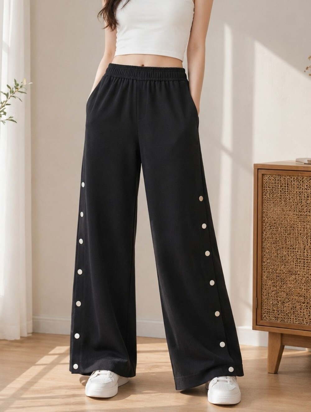 MR.LARKIN Black Wide Leg Snap-Button Pants Size M